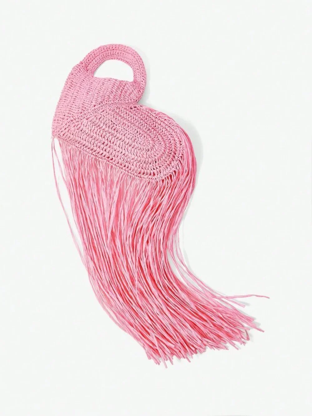 Pink Women's Heart-Shaped Tassel Straw Woven Hobo Shoulder Bag